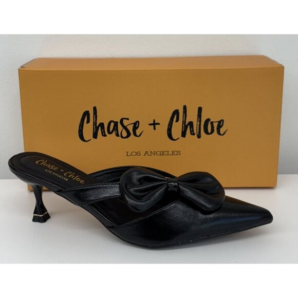 CHASE + CHLOE / Idra-3 / Pointed Toe Kitten / Mules With Bow Black / Size 9 - Picture 7 of 8